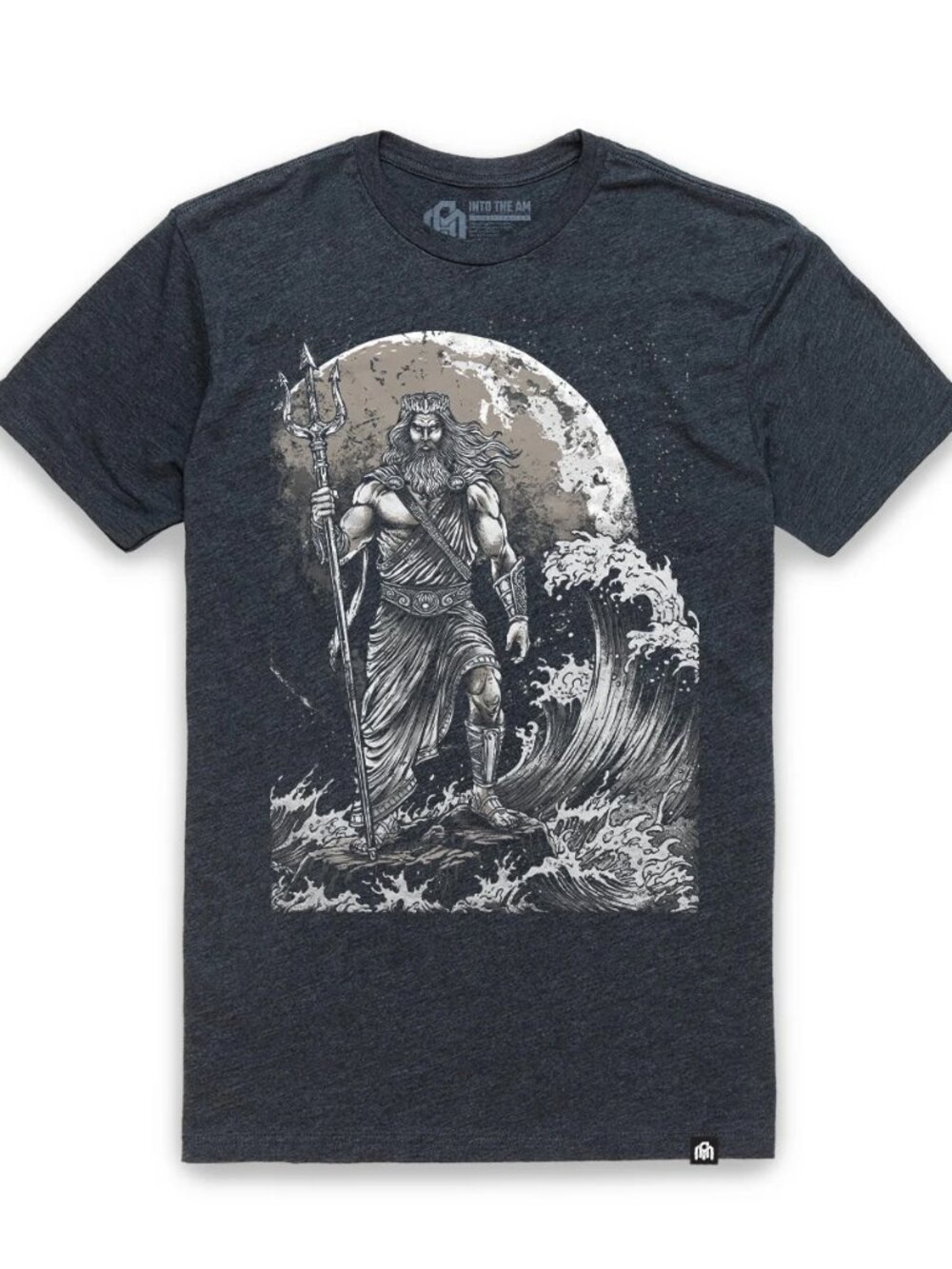 Charcoal Sea God Trident Graphic Tee Mythology Ocean Wave Art Shirt